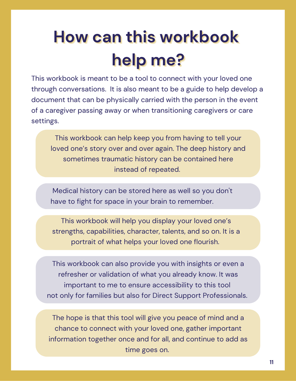 Page from a workbook explaining its purpose and benefits on a gold and white background