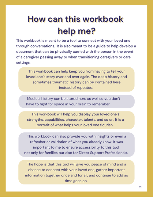 Page from a workbook explaining its purpose and benefits on a gold and white background