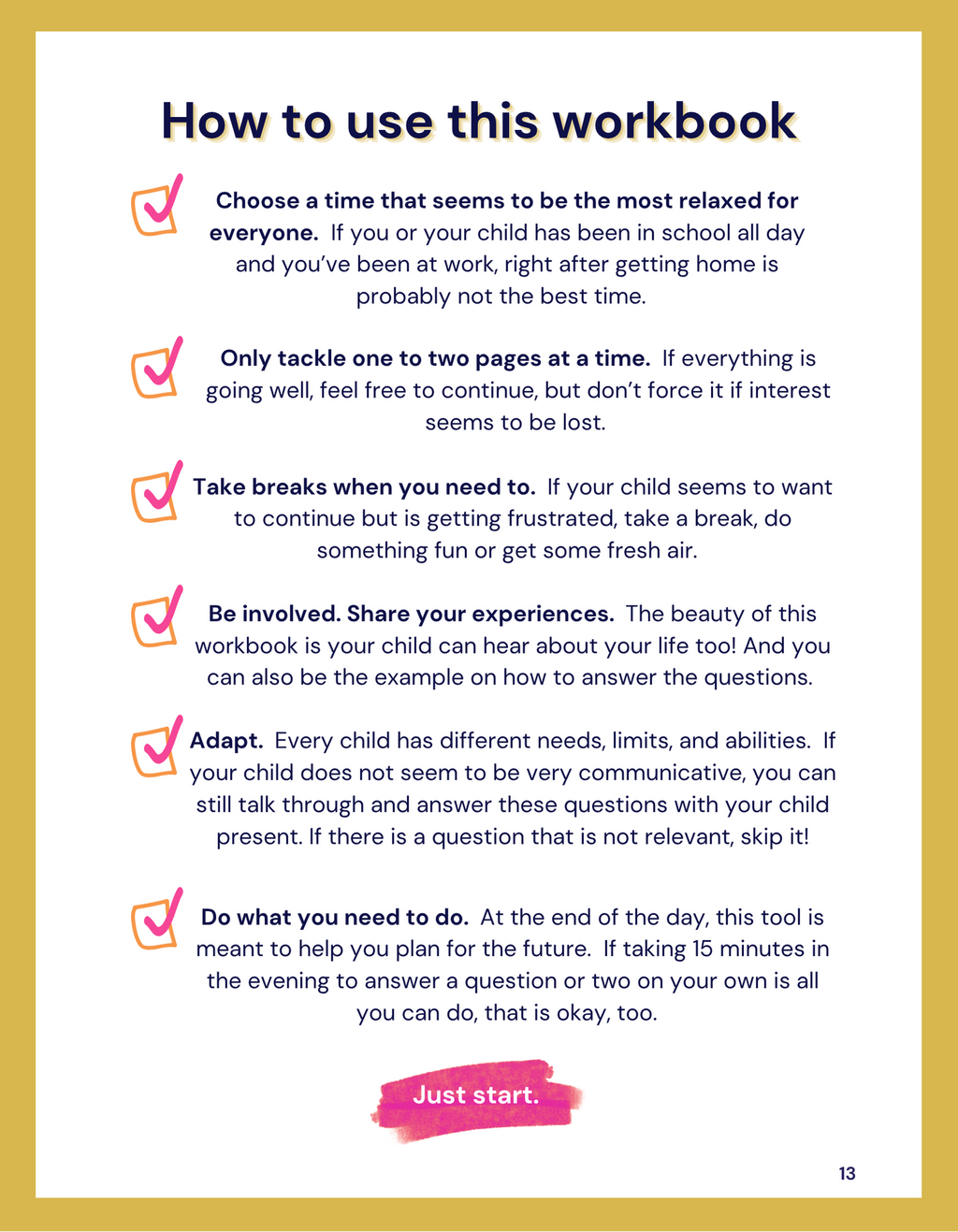 Instructions on how to use a workbook with a gold border