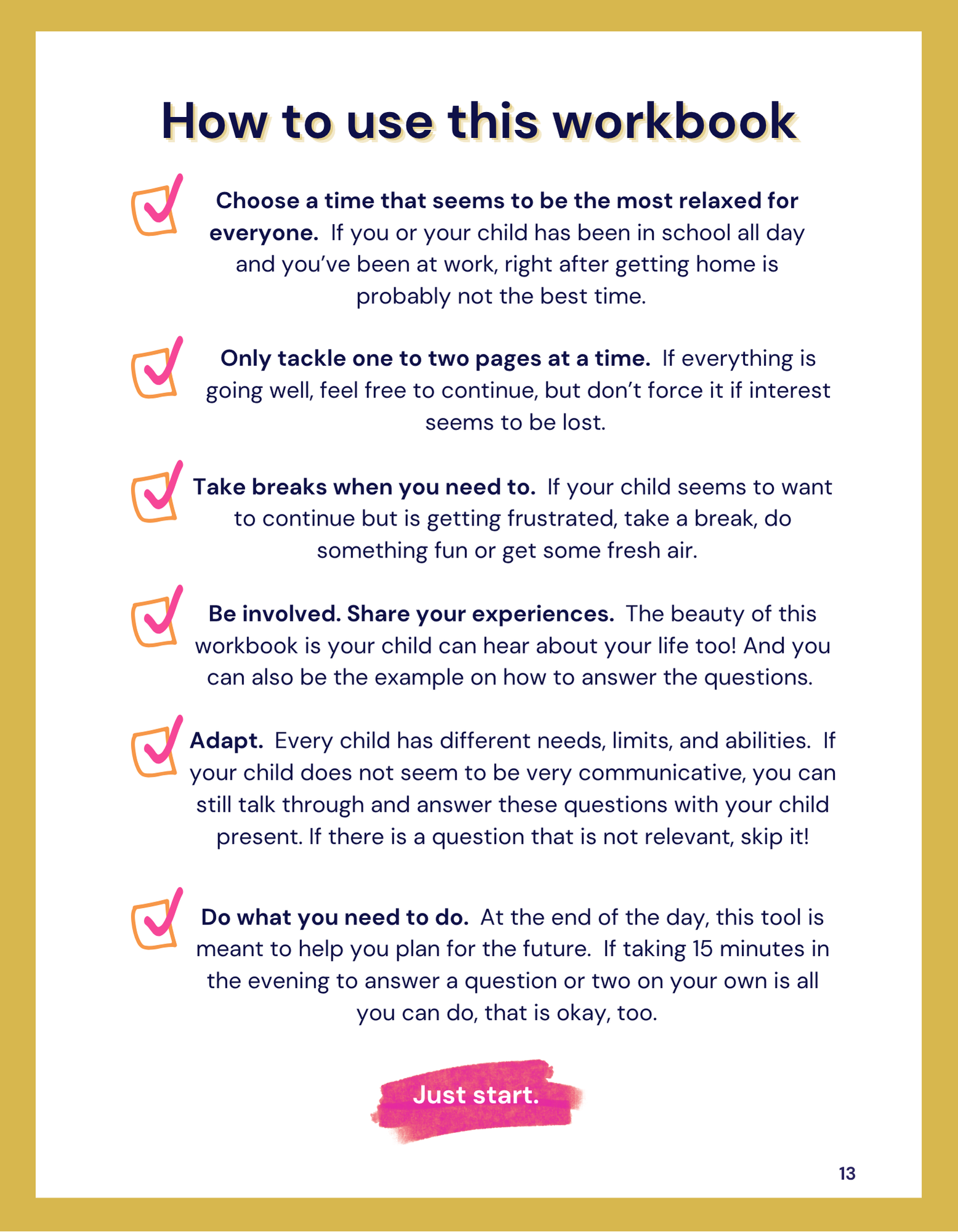 Instructions on how to use a workbook with a gold border