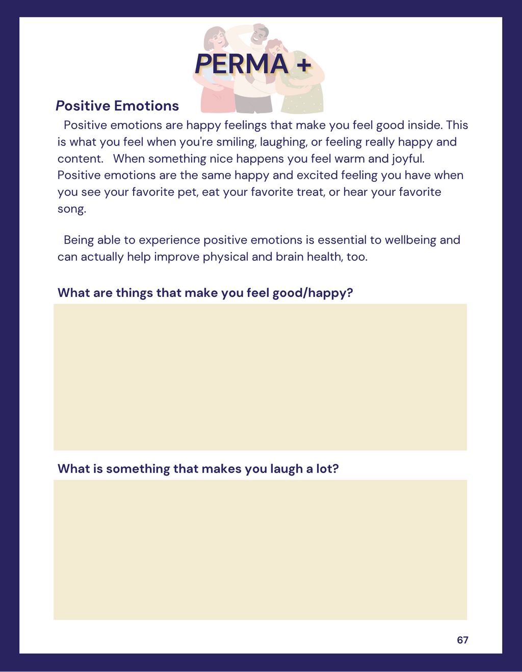 Educational page about positive emotions with PERMA model and questions on a blue and white background.