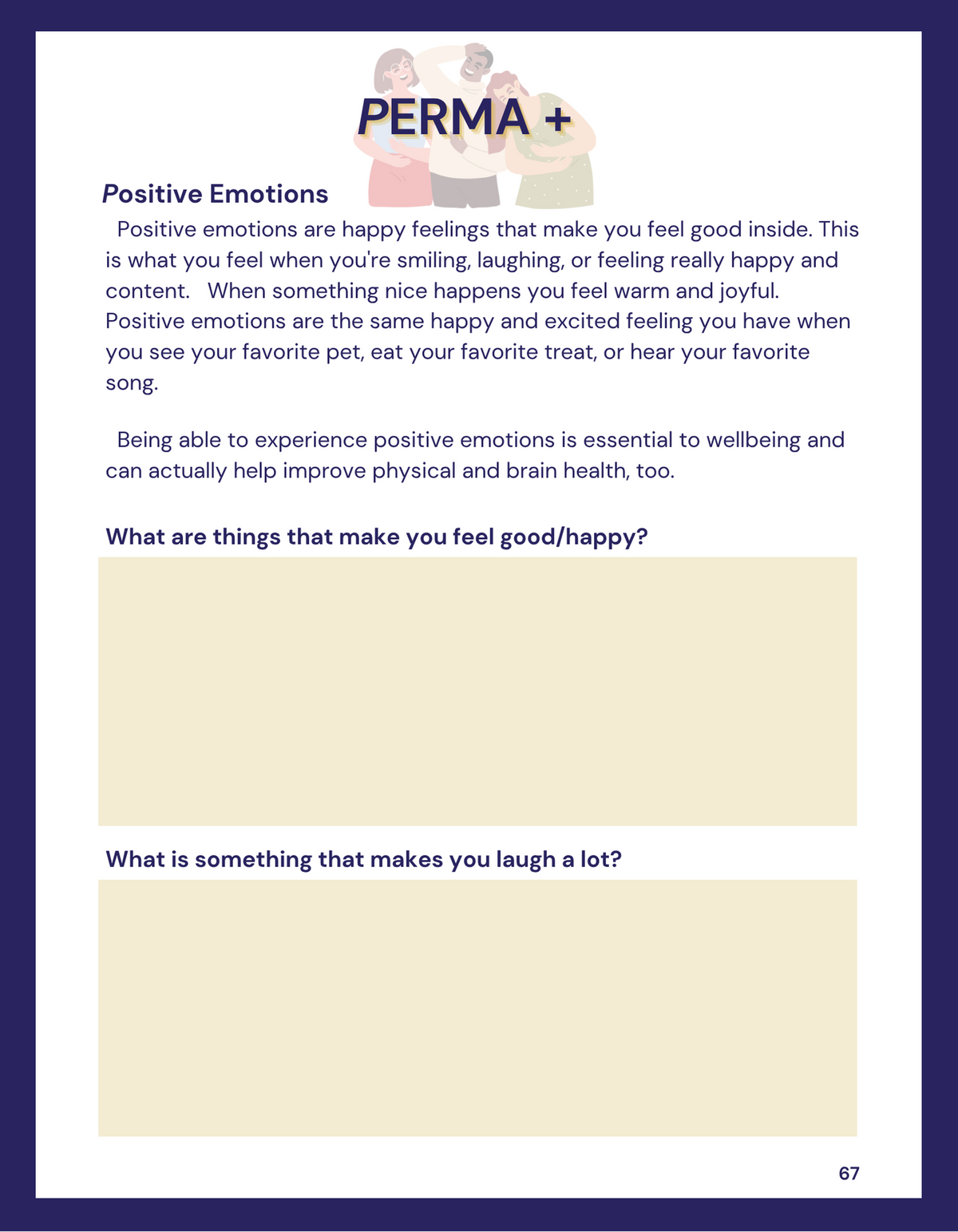 Educational page about positive emotions with PERMA model and questions on a blue and white background.