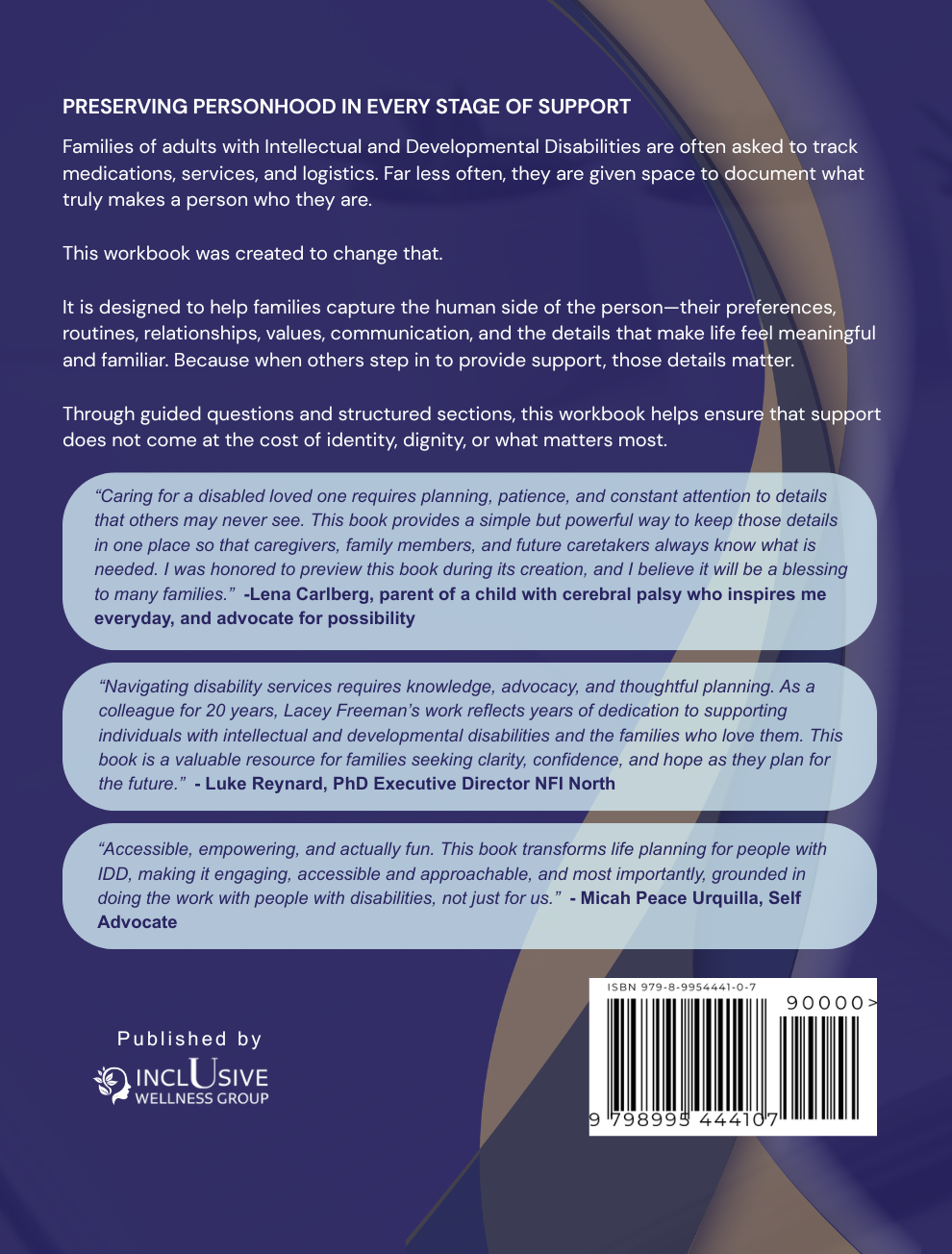 Back cover of a workbook titled Know My Story published by Inclusive Wellness Group, featuring white text on a dark blue background with a blue and gold circular graphic and a barcode at the bottom right.